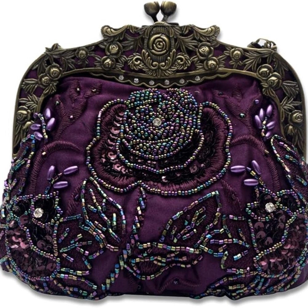 1920s Vintage Beaded Evening Purple Clutch Bag for Women a Sequin Handbag - Picture 3 of 5